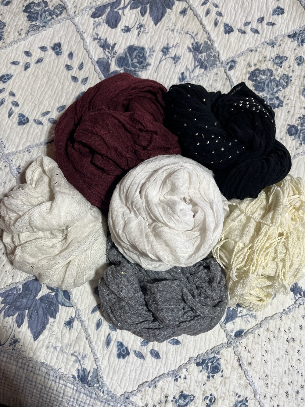 Lot of 6scarves Black, Burgundy, Gray, Cream, 2 White some sparkle see pictures